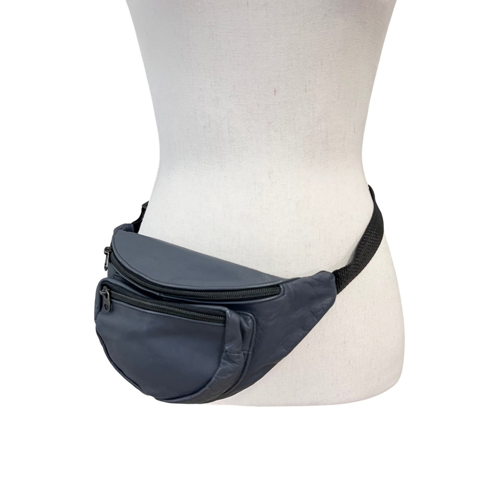 Vintage Leather Fanny Pack Unisex Small Navy Blue Crossbody Travel Waist Bag 90s
